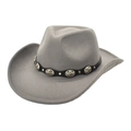 Detail view of grey felt cowboy hat featuring vintage silver buckles and metallic rivets - M / Light Gray