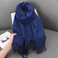 Deep navy blue imitation cashmere scarf with tassels for winter warmth and fashion - 68x180cm / Navy Blue