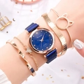 Women's rose gold watch and bracelets set with blue flower dial and magnetic mesh band - Blue + Bracelet