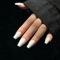 Glossy white coffin press-on nails shown on hand with a minimalist silver ring - Glossy Pure White Mid-Long Coffin Shape (JP1840)