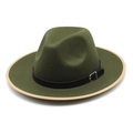 Modern dark green wool fedora with black leather band and wide contrast brim - M (56-58cm) / Army Green