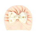 Pink newborn baby turban with cream gold-dotted bow in soft ribbed knit fabric - Beige (Bubble Texture Gold Polka Dots)
