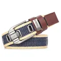 Navy and cream striped canvas belt with silver pin buckle and brown leather tip - Navy Stripe