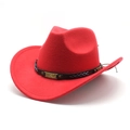 Detail of red wool felt cowboy hat with black PU leather band and gold metal buckle - M (56-58cm) / Red