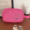 Mesh makeup bag in rose red and purple zipper with black Bear patch for travel - Rectangular Handheld / Rose Red