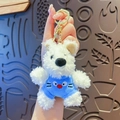 Cute Westie puppy plush keychain wearing a blue cat hoodie with golden metal ring - Cat