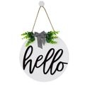 Targa tonda in legno bianco con scritta hello nera e foglie di eucalipto verde - Bianco-Hello
