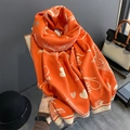 Detailed texture of orange cashmere scarf with white heart and Paris Eiffel Tower pattern - Orange Eiffel Tower(10113)