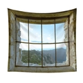 Scenic nature tapestry with a rustic stone window frame showing mountains and lush forest - 73X95CM / Old Stone Window Mountain (QY714-10)