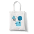 White canvas tote bag featuring blue abstract line art face and geometric shapes print - Style F (Blue Geometric Face)
