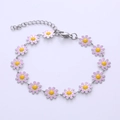 Bohemian silver chain bracelet with twelve pink enamel daisies and adjustable lobster clasp - Silver Pink Flowers