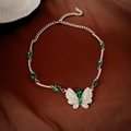 Detail of butterfly necklace with emerald green crystals and sparkling zircons on leather - 19# Necklace - Silver - Butterfly