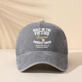 Detail of vintage washed gray cotton baseball cap with white and gold slogan print - One Size / Gray
