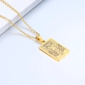 Close-up of gold stainless steel Leo necklace with engraved lion and sunburst detail - Leo / Gold