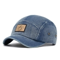 Gorra de béisbol de mezclilla lavada azul con parche marrón y anillo de metal retro - Azul oscuro