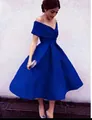Elegant royal blue off-shoulder satin cocktail dress with A-line skirt and pleated bodice - US size 14W / Sapphire Blue