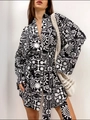 Set loungewear donna con stampa totem bianco e nero, top kimono e pantaloncini a vita alta - S / Nero