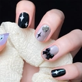 Uñas postizas con diseño de estrellas, lazos 3D y diamantes de corazón en lila - Juego de 24 Piezas (Pegamento Incluido) / Lazo Estrellado Negro Púrpura (JP1389)