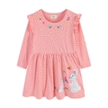 Pink polka dot long sleeve girl dress with floral embroidery and rabbit patch details - 2T / Pink Polka Dot Embroidered Rabbit (7183)