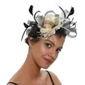 Elegant black fascinator hat with white flower and feathers for wedding party - Black & Creamy White
