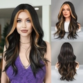 Long wavy black wig with blonde highlights for women, middle part style multi-angle view - Black Highlight Gold