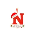 Detail of red glitter letter N Christmas ornament with Nicole name and sister quote - Letter N