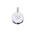 Macro view of a round silver pendant with white mother-of-pearl and 3D letter V - Letter V / 22mm (1 Piece/Pack) / Steel