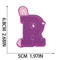 Detail view of Easter purple embroidered letter R patch with bunny ears and dimensions - Letter R