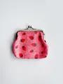 Detail of pink strawberry print coin purse with silver kiss-lock and glitter finish - Strawberry - Red / 9x8x2cm