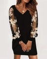Detail of elegant V-neck dress featuring mesh sleeves with intricate floral embroidery - S / Khaki Mixed Black