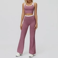 Two-piece ribbed yoga set in dusty rose featuring high-waist flared leggings and white trim - S / Top And Bottom (Tank Top + Flared Pants) / Violet