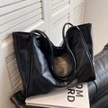 Elegante borsa tote nera di grande capacità con trama stropicciata lucida per il pendolarismo - Nero