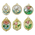 French oil painting style blue sea series enamel flower pendants with gold alloy frame - Mix 6 Pcs Oil Drip Series Flowers-SN1506