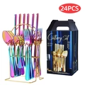 24-piece rainbow stainless steel cutlery set with a golden metal storage rack and gift box - 24-Piece Set / Iridescent