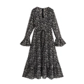 Elegante Franse maxi-jurk met bloemenprint, V-hals, klokmouwen en verstelbare riem - XS / Zwart