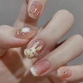 Unghie finte Rococo con coniglietti 3D, perle e corone in rosa gelatina lucido - Stile Coniglio 3D Rosa (D-108/Tipo Colla)