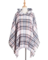 Mantella con cappuccio da donna a quadri rosa e blu, maglia con nappe a frange - Quadri Rosa