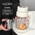 Creamy white 1000ml high borosilicate glass tea mug with handle and steel infuser - White (High Mesh Infuser) + Silicone Base