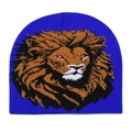Detailed close-up of a royal blue beanie featuring a woven lion graphic and ribbed cuff - M (56-58cm) / Sapphire Blue