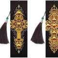 Segnalibro fai-da-te pittura diamante con croce dorata, pelle nera e nappa marrone - Stile Croce Religiosa (SQ-156) / Vari materiali disponibili