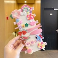 Cartoon hair clip set with rainbow, flowers and resin charms on pink bobby pins - Pink Flowers 14-Piece Set