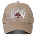 Detail of high-density Football MOM embroidery on khaki washed cotton baseball cap - Khaki