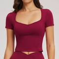 Women's burgundy slim fit yoga short sleeve with square neck and supportive stitching - S / Cherry Red