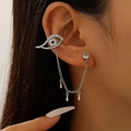 Silver Evil Eye chain earring with crystal cartilage clip and teardrop charms - Silver (WG-0037)