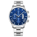 Men's silver stainless steel business watch with dark blue dial and three-eye chronograph - Blue Dial Silver Hands Silver Band (Flat End)