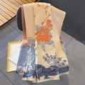 Elegant beige faux cashmere scarf with landscape floral patterns and fringe details - Jiangnan View-Beige Blue