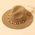 Cappello Panama in paglia naturale con perle in legno e conchiglie bohémien - M (56-58cm) / Marrone naturale