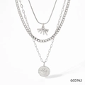 Three-layer silver stacked necklace with geometric sun pendants and zircon accents - Steel Color (GCD762)