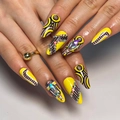 Unghie finte gialle con motivi geometrici astratti e strass brillanti decorativi - Stile Gemma a Strisce - Con Colla