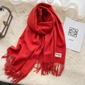 Solid red cashmere-feel scarf with long tassels and premium texture on plush rug - Rust Red